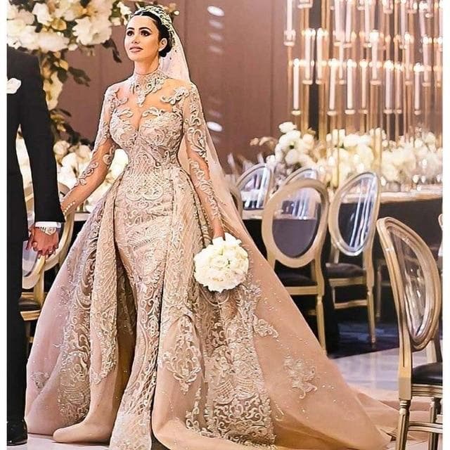 Premium Collections - Luxury Long Sleeves Ball Gown Wedding Dresses High Neck Wedding Gowns with Over Skirt