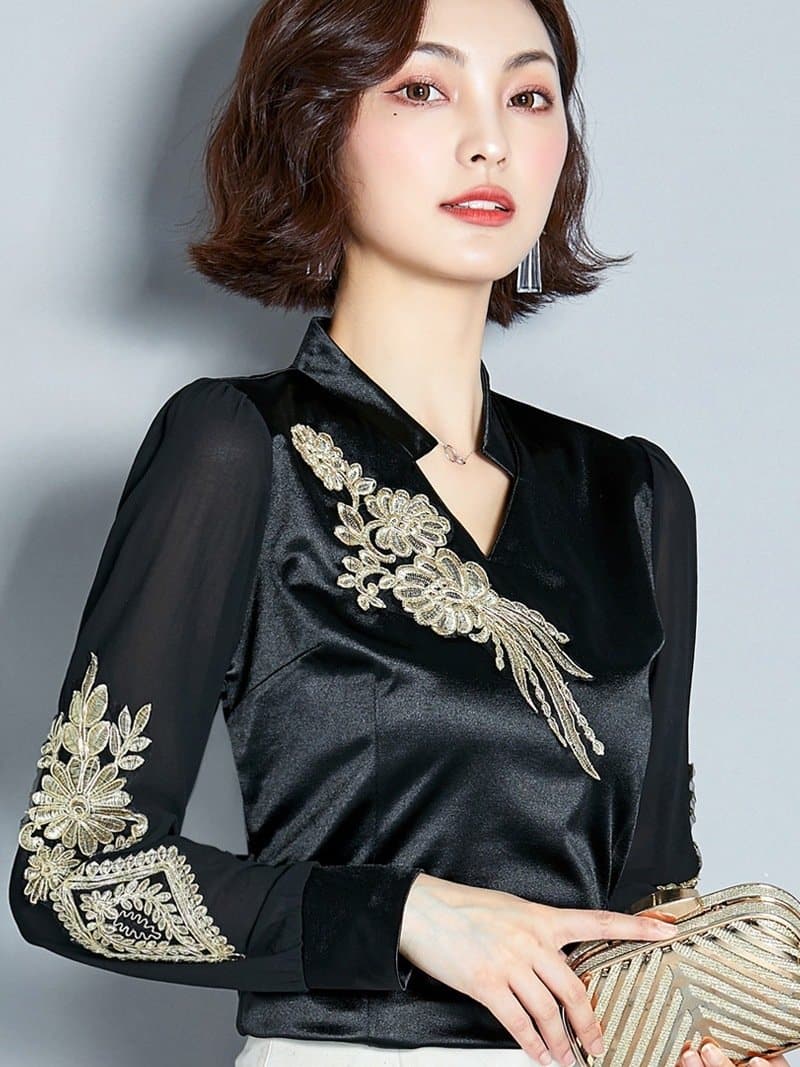 Woman Long Sleeve Embroidery Shirt Satin Black Saree Sarees Kurta For Women Clothing In India Pakistani Dress Eid Mubarak