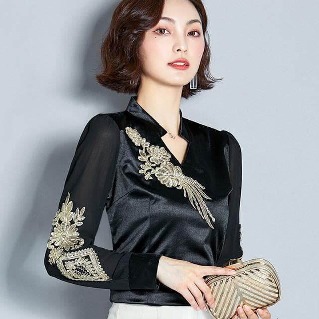 Woman Long Sleeve Embroidery Shirt Satin Black Saree Sarees Kurta For Women Clothing In India Pakistani Dress Eid Mubarak
