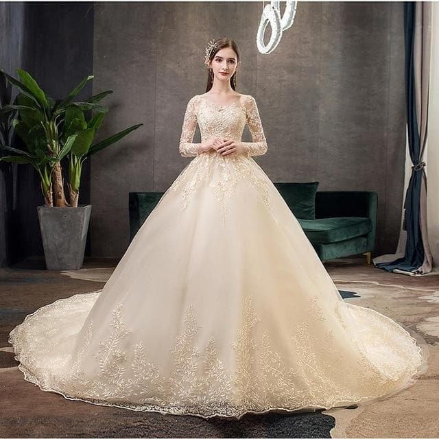 Mrs Win Full Sleeve Muslim Lace Wedding Dresses With Big Train New Luxury Ball Gown Wedding Dress Vestido De Noiva X