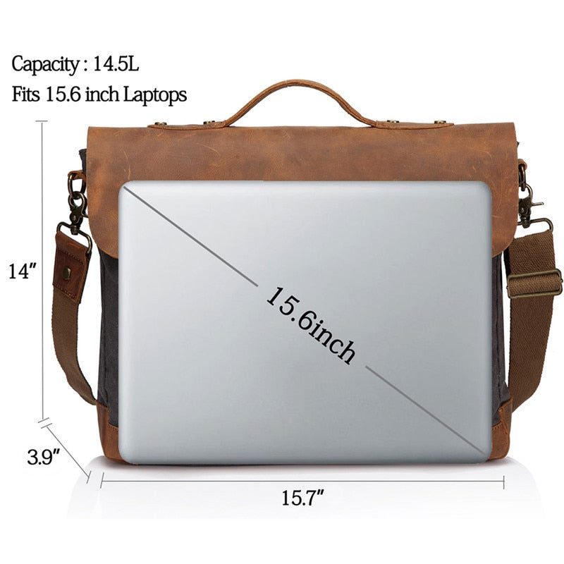 Premium Quality VASCHY Casual Unisex Briefcase Business Messenger Bag Cowhide Leather Canvas Shoulder Bag 15.6 inch Laptop Handbag for Men/Women