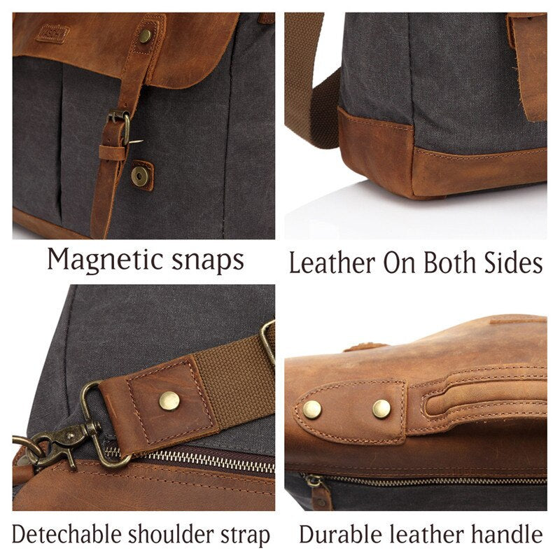 Premium Quality VASCHY Casual Unisex Briefcase Business Messenger Bag Cowhide Leather Canvas Shoulder Bag 15.6 inch Laptop Handbag for Men/Women