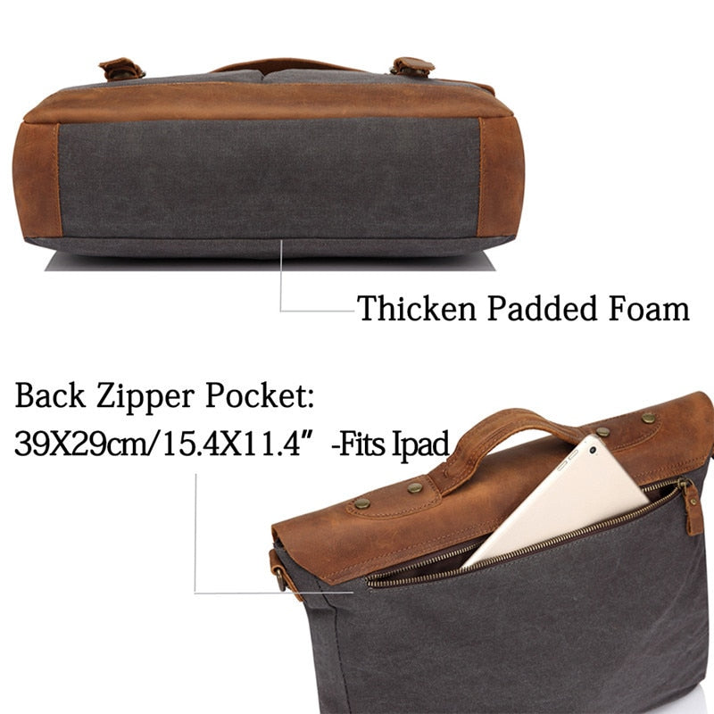 Premium Quality VASCHY Casual Unisex Briefcase Business Messenger Bag Cowhide Leather Canvas Shoulder Bag 15.6 inch Laptop Handbag for Men/Women