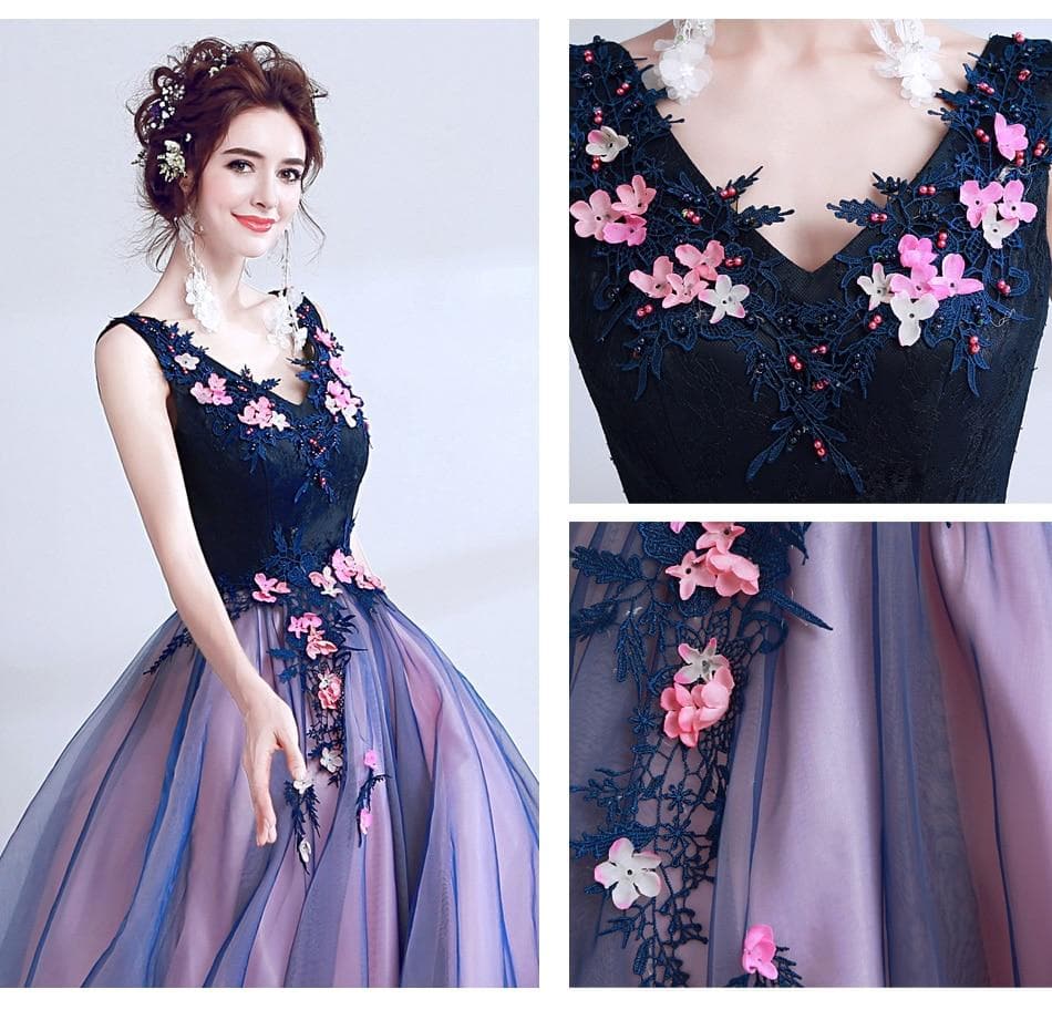 New dark blue long lace summer lady girl women princess bridesmaid banquet party ball dress gown