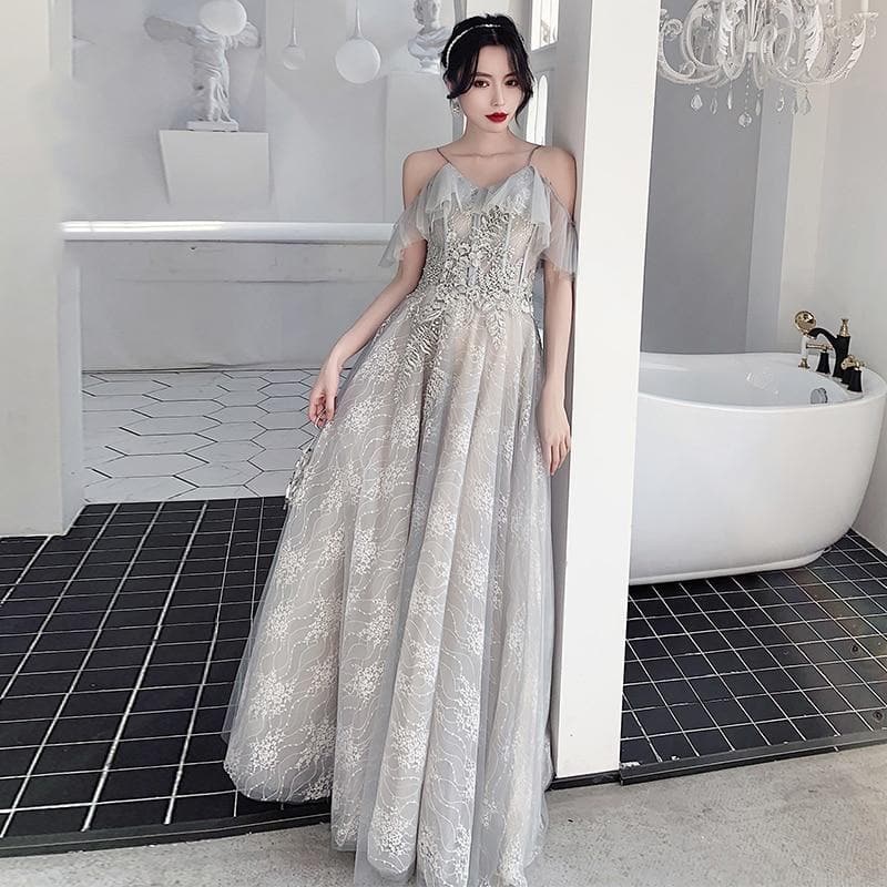 Bridesmaid Dresses Fog Blue A Appliques Sequin Wedding Guest Dress Sexy V-Neck Sleeveless Vestidos Floor Length Elegant Gowns R070