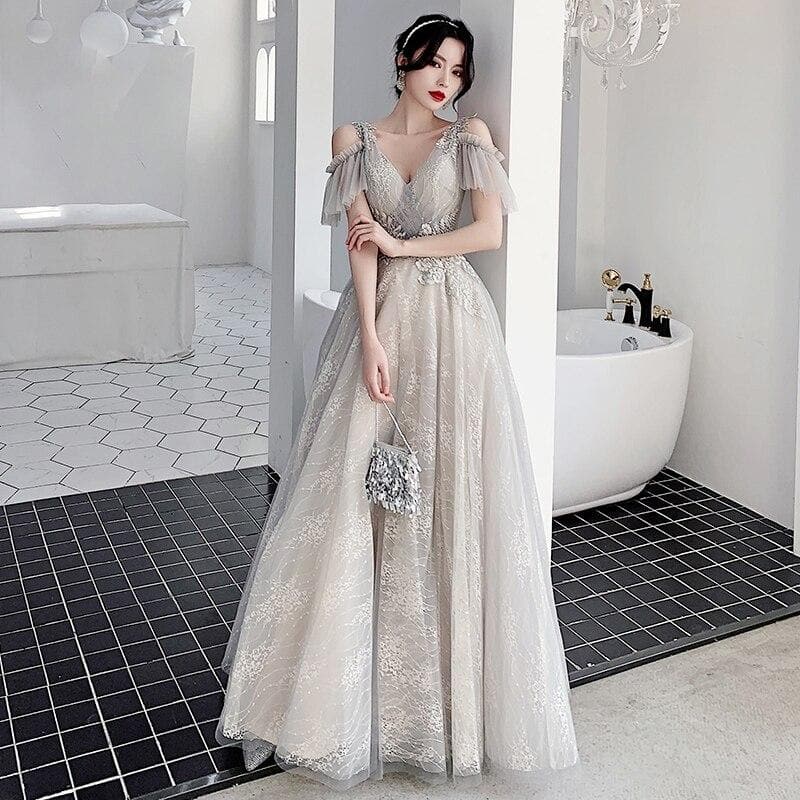 Bridesmaid Dresses Gray Appliques Sequin Wedding Guest Dress Sexy V-Neck Sleeveless Vestidos Floor Length Elegant Gowns R070