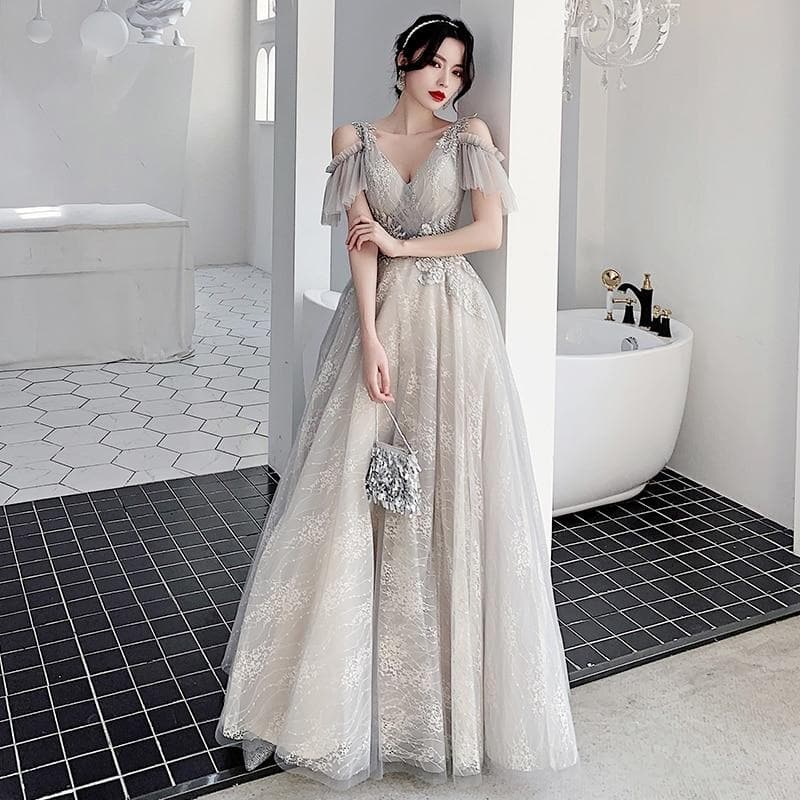 Bridesmaid Dresses Fog Blue A Appliques Sequin Wedding Guest Dress Sexy V-Neck Sleeveless Vestidos Floor Length Elegant Gowns R070