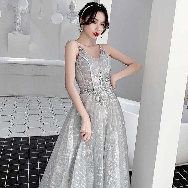 Bridesmaid Dresses Fog Blue A Appliques Sequin Wedding Guest Dress Sexy V-Neck Sleeveless Vestidos Floor Length Elegant Gowns R070