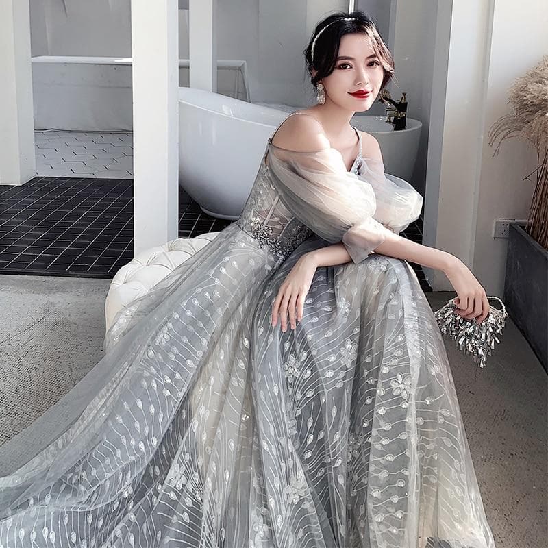 Bridesmaid Dresses Fog Blue A Appliques Sequin Wedding Guest Dress Sexy V-Neck Sleeveless Vestidos Floor Length Elegant Gowns R070