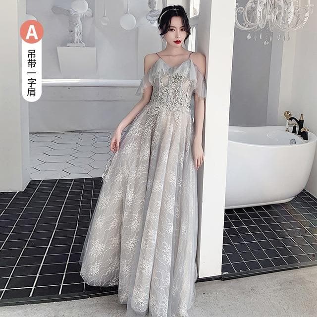 Bridesmaid Dresses Fog Blue A Appliques Sequin Wedding Guest Dress Sexy V-Neck Sleeveless Vestidos Floor Length Elegant Gowns R070