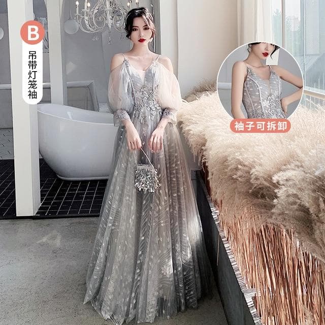Bridesmaid Dresses Gray Appliques Sequin Wedding Guest Dress Sexy V-Neck Sleeveless Vestidos Floor Length Elegant Gowns R070