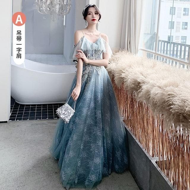 Bridesmaid Dresses Fog Blue A Appliques Sequin Wedding Guest Dress Sexy V-Neck Sleeveless Vestidos Floor Length Elegant Gowns R070