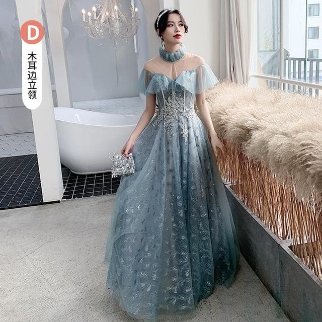 Bridesmaid Dresses Fog Blue A Appliques Sequin Wedding Guest Dress Sexy V-Neck Sleeveless Vestidos Floor Length Elegant Gowns R070