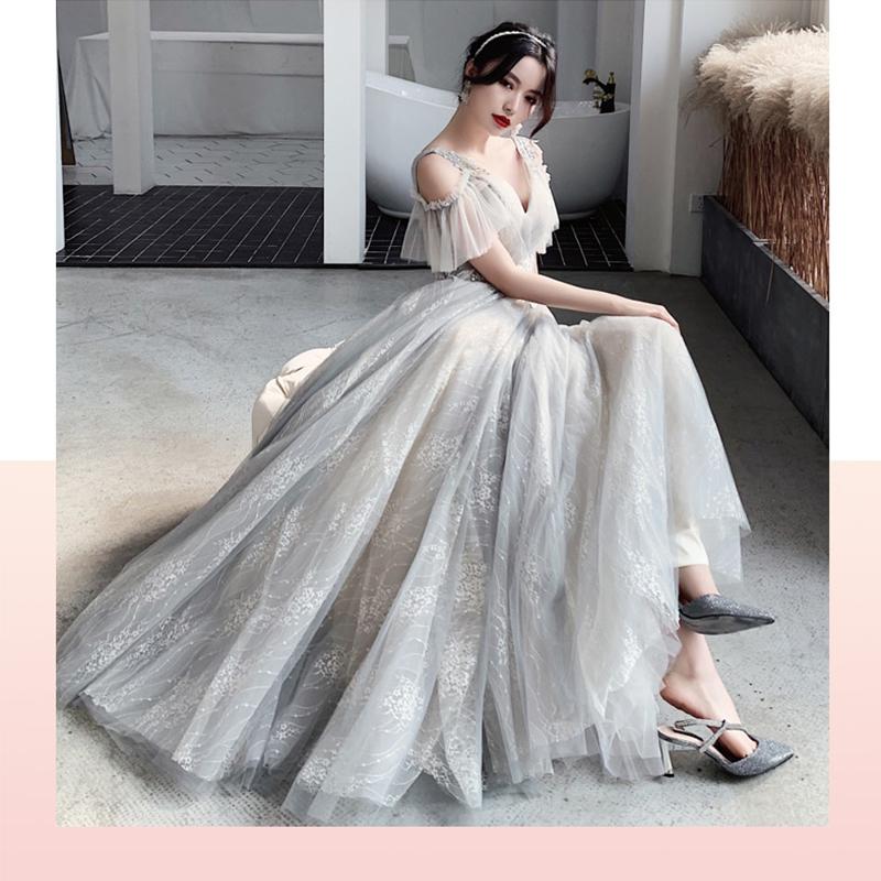Bridesmaid Dresses Fog Blue A Appliques Sequin Wedding Guest Dress Sexy V-Neck Sleeveless Vestidos Floor Length Elegant Gowns R070