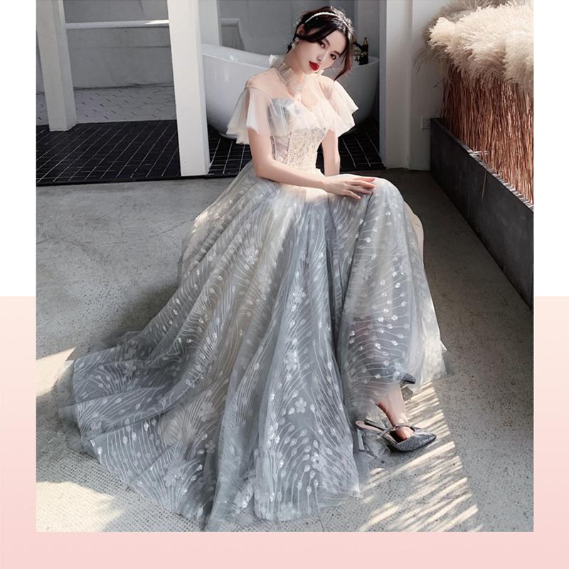 Bridesmaid Dresses Fog Blue A Appliques Sequin Wedding Guest Dress Sexy V-Neck Sleeveless Vestidos Floor Length Elegant Gowns R070