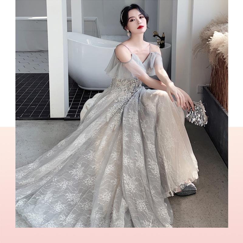 Bridesmaid Dresses Fog Blue A Appliques Sequin Wedding Guest Dress Sexy V-Neck Sleeveless Vestidos Floor Length Elegant Gowns R070