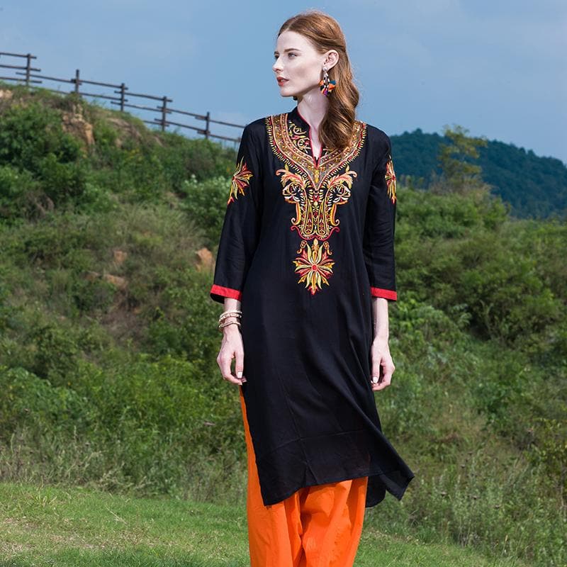 Indian Dress Kurti for Women Cotton Embroidered Long Blouse Black Indiana Dress for Women Kurtis India Kurta Pakistani Dress
