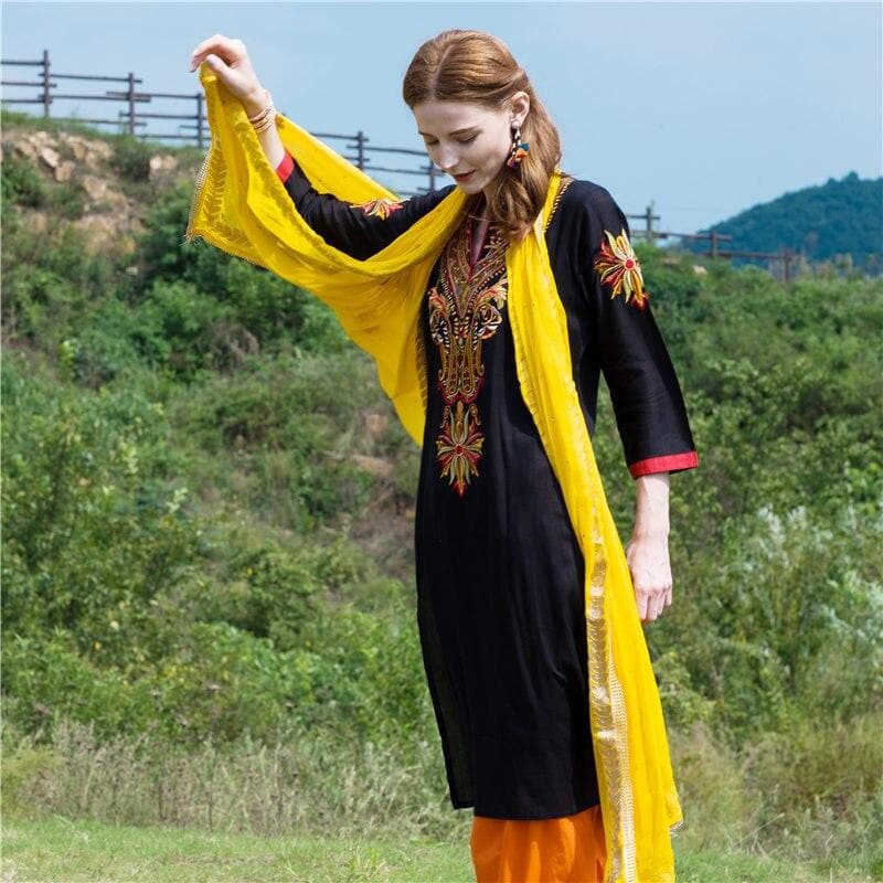 Indian Dress Kurti for Women Cotton Embroidered Long Blouse Black Indiana Dress for Women Kurtis India Kurta Pakistani Dress