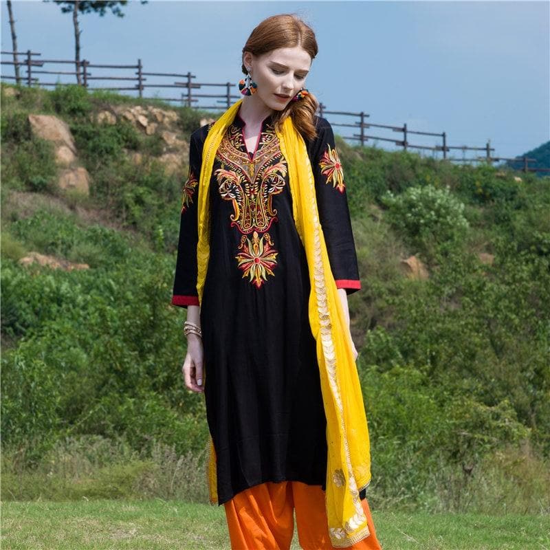 Indian Dress Kurti for Women Cotton Embroidered Long Blouse Black Indiana Dress for Women Kurtis India Kurta Pakistani Dress