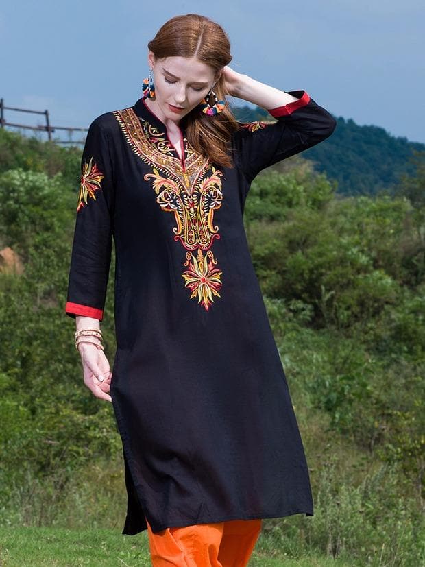 Indian Dress Kurti for Women Cotton Embroidered Long Blouse Black Indiana Dress for Women Kurtis India Kurta Pakistani Dress