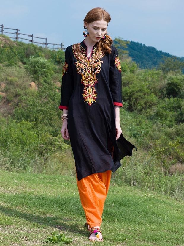Indian Dress Kurti for Women Cotton Embroidered Long Blouse Black Indiana Dress for Women Kurtis India Kurta Pakistani Dress