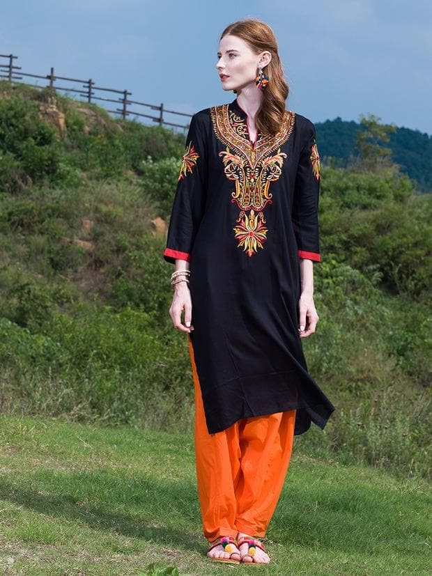 Indian Dress Kurti for Women Cotton Embroidered Long Blouse Black Indiana Dress for Women Kurtis India Kurta Pakistani Dress