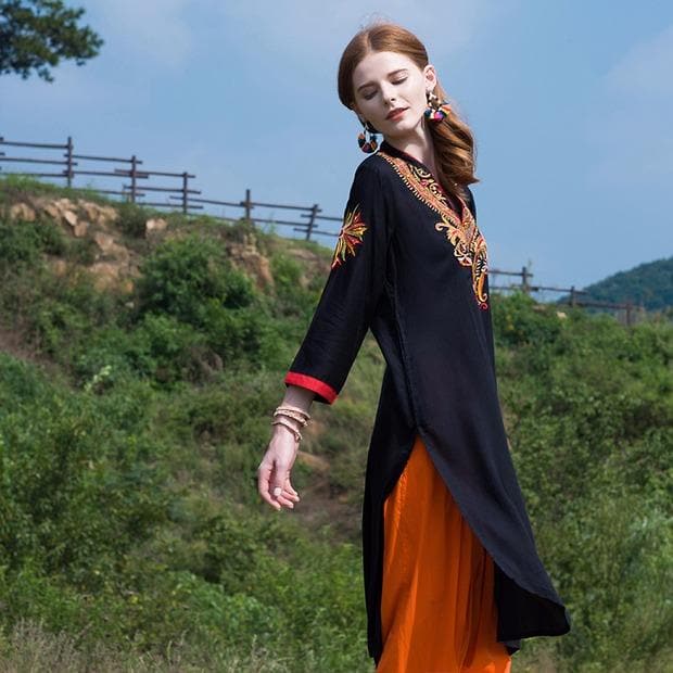 Indian Dress Kurti for Women Cotton Embroidered Long Blouse Black Indiana Dress for Women Kurtis India Kurta Pakistani Dress