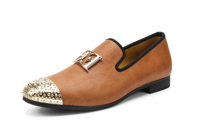 Men Leather Big Size Fashion men Casual Shoes Design Bright Face Buckle and Gold Metal Toe Men Driving Shoes Part Flats