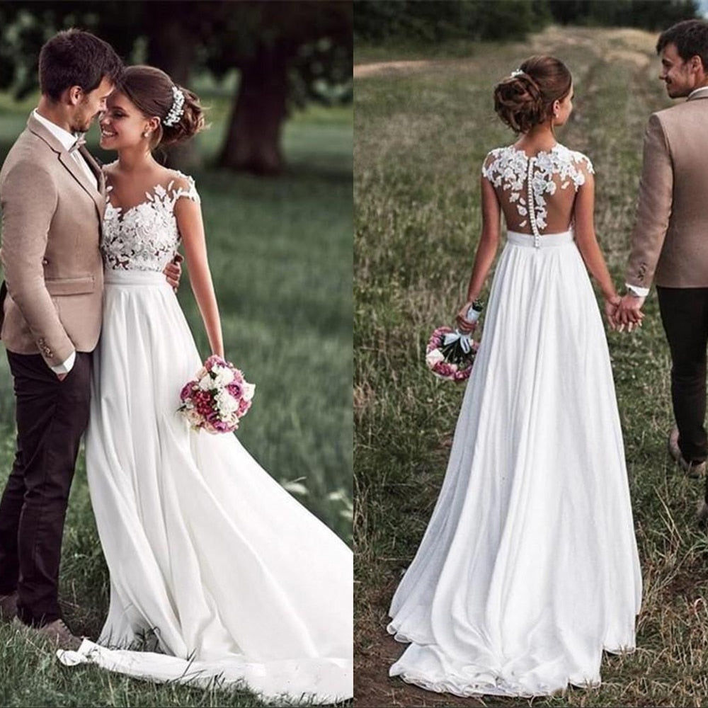 Beach Lace Appliques Bride Dress New Cap-Sleeves Slit Side White Wedding Dresses Simple Bridal Gown