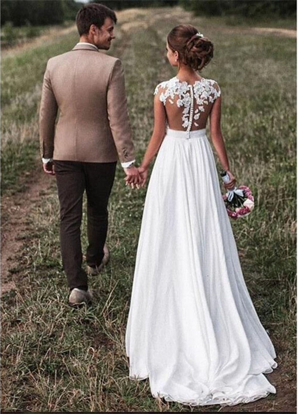 Beach Lace Appliques Bride Dress New Cap-Sleeves Slit Side White Wedding Dresses Simple Bridal Gown