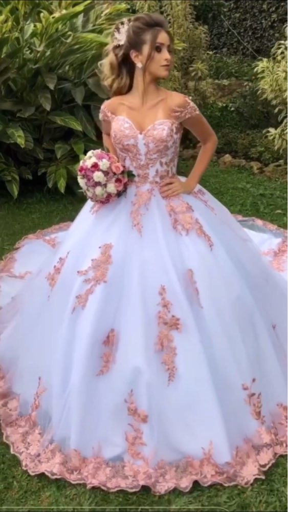 White And pink Lace Appliques Luxury Ball Gown Wedding Dresses Off the Shoulder Bride Dresses Wedding Gowns