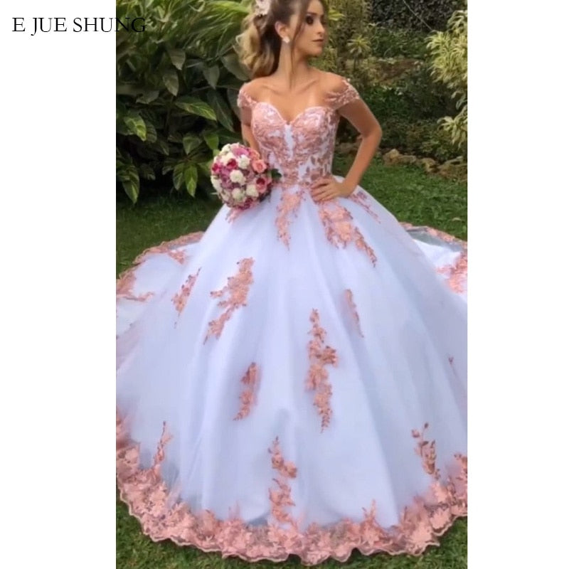 White And pink Lace Appliques Luxury Ball Gown Wedding Dresses Off the Shoulder Bride Dresses Wedding Gowns