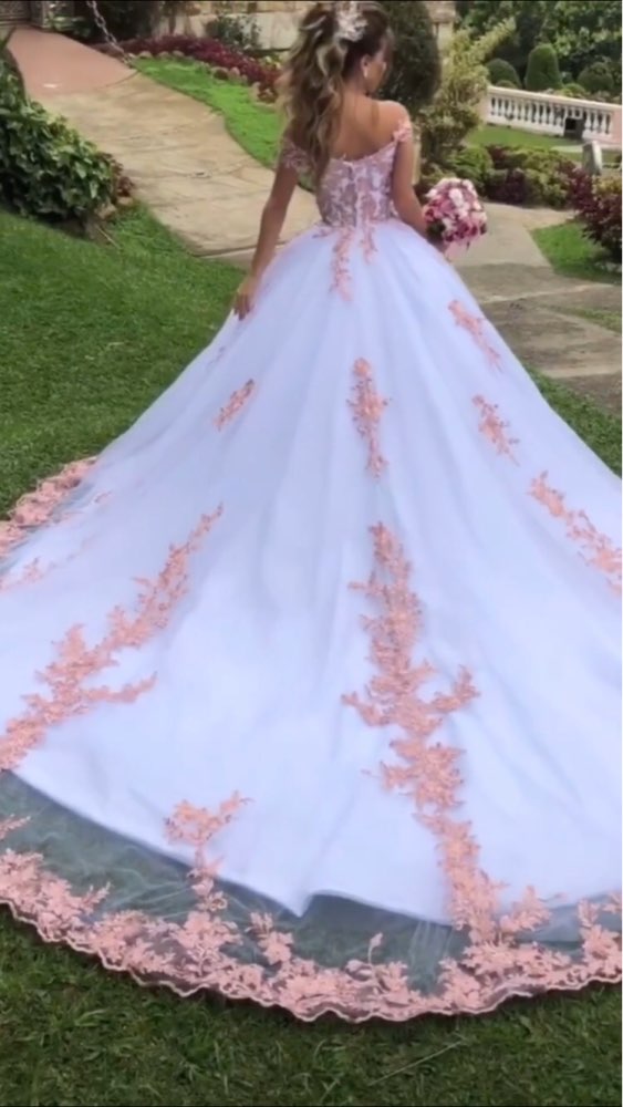 White And pink Lace Appliques Luxury Ball Gown Wedding Dresses Off the Shoulder Bride Dresses Wedding Gowns