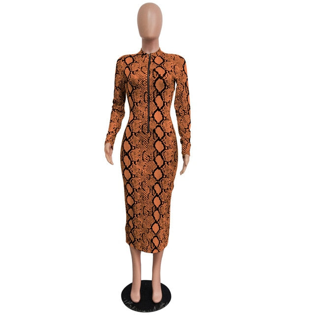 Echoine Sexy Snake Print Bodycon Long Dress Long Sleeve Zipper Women Autumn Evening Party Night Dress