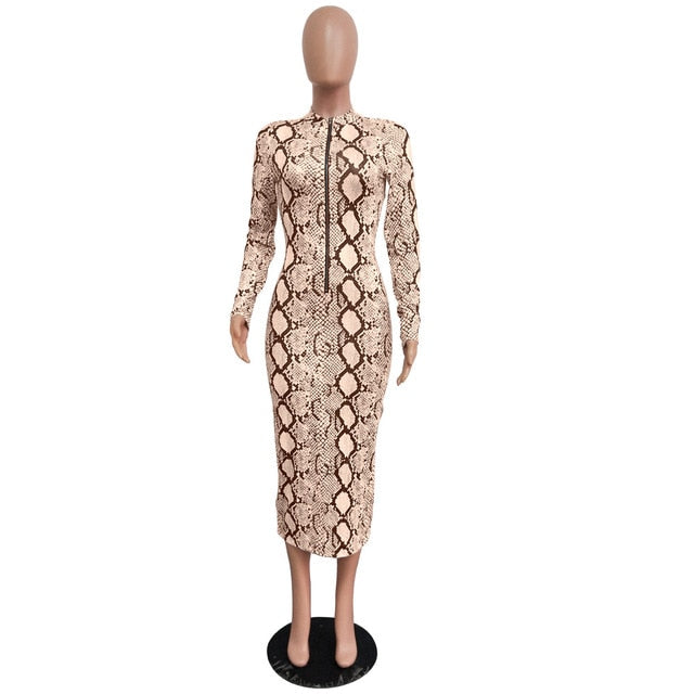 Echoine Sexy Snake Print Bodycon Long Dress Long Sleeve Zipper Women Autumn Evening Party Night Dress