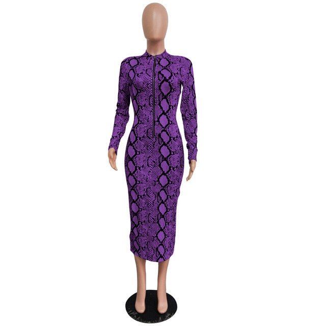 Echoine Sexy Snake Print Bodycon Long Dress Long Sleeve Zipper Women Autumn Evening Party Night Dress