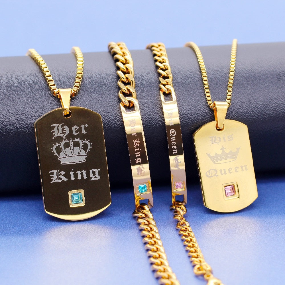 Trendy Gold Color His Queen Her King Titanium Necklaces & Bracelets Matching Couples Cuban Link Chain Jewelry Set