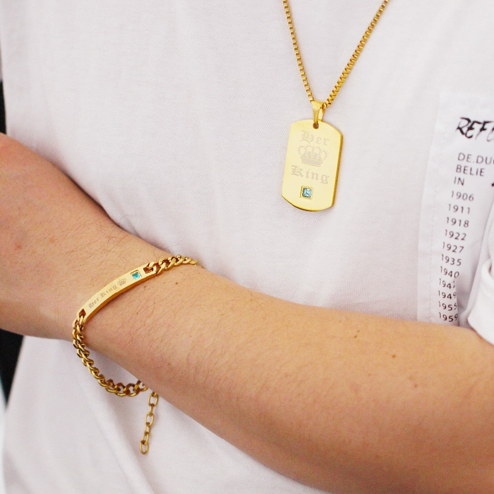 Trendy Gold Color His Queen Her King Titanium Necklaces & Bracelets Matching Couples Cuban Link Chain Jewelry Set