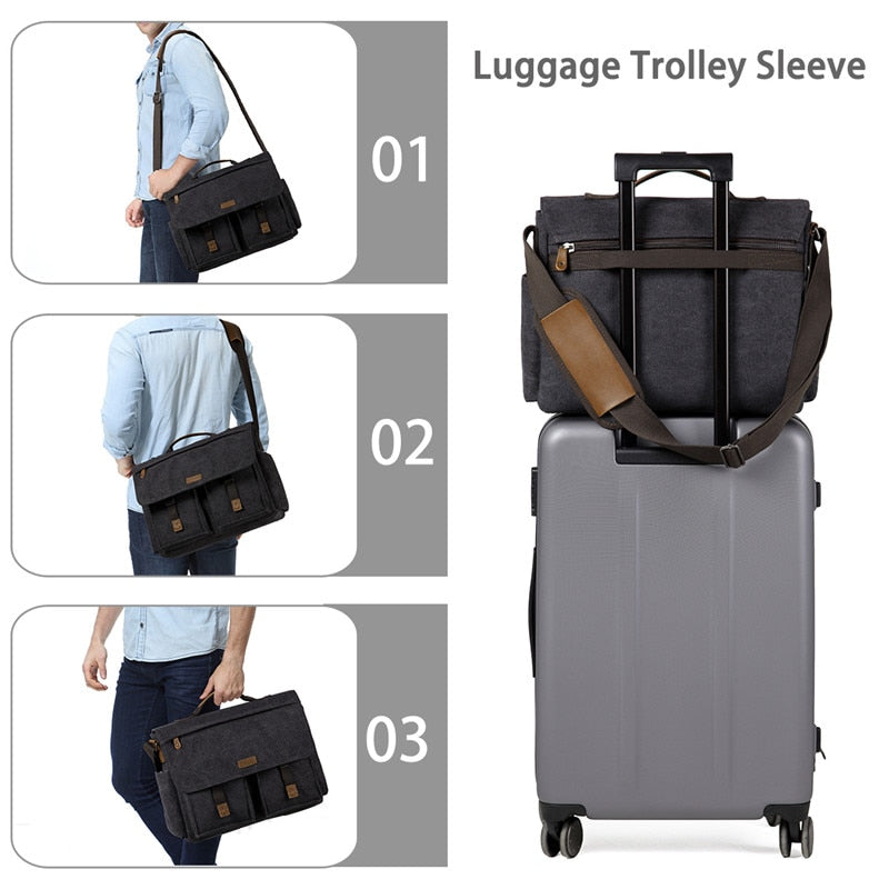 Unisex Water Resistant Waxed Canvas 15.6 inch Laptop Briefcase Padded Shoulder Bag