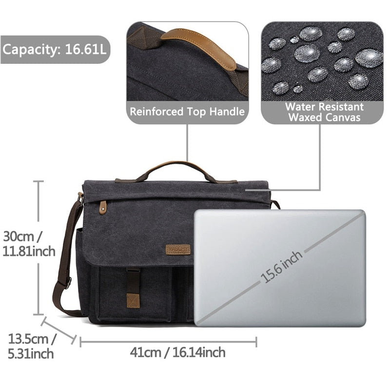Unisex Water Resistant Waxed Canvas 15.6 inch Laptop Briefcase Padded Shoulder Bag