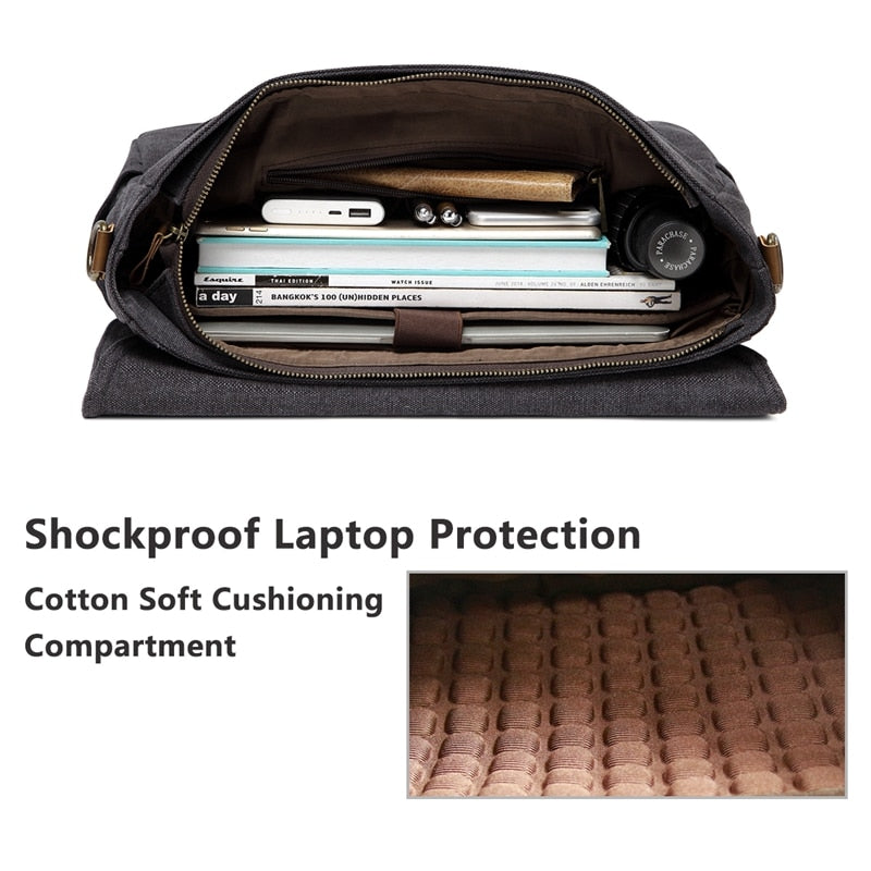 Unisex Water Resistant Waxed Canvas 15.6 inch Laptop Briefcase Padded Shoulder Bag