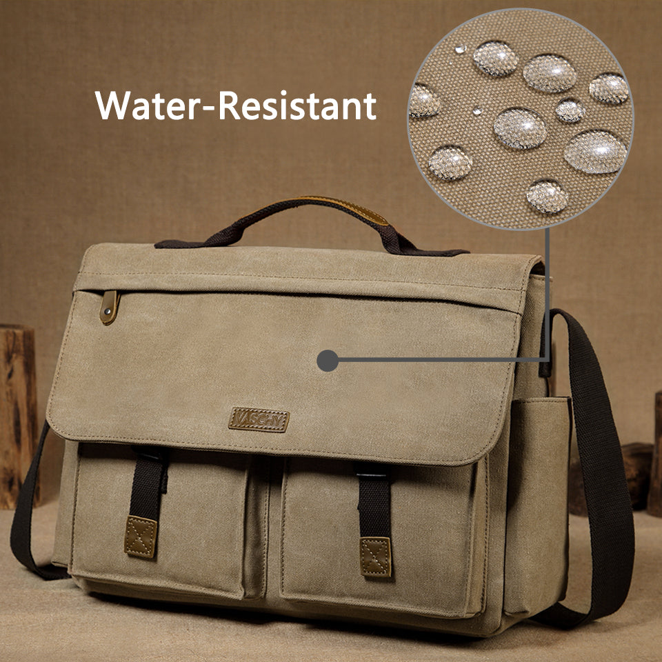 Unisex Water Resistant Waxed Canvas 15.6 inch Laptop Briefcase Padded Shoulder Bag