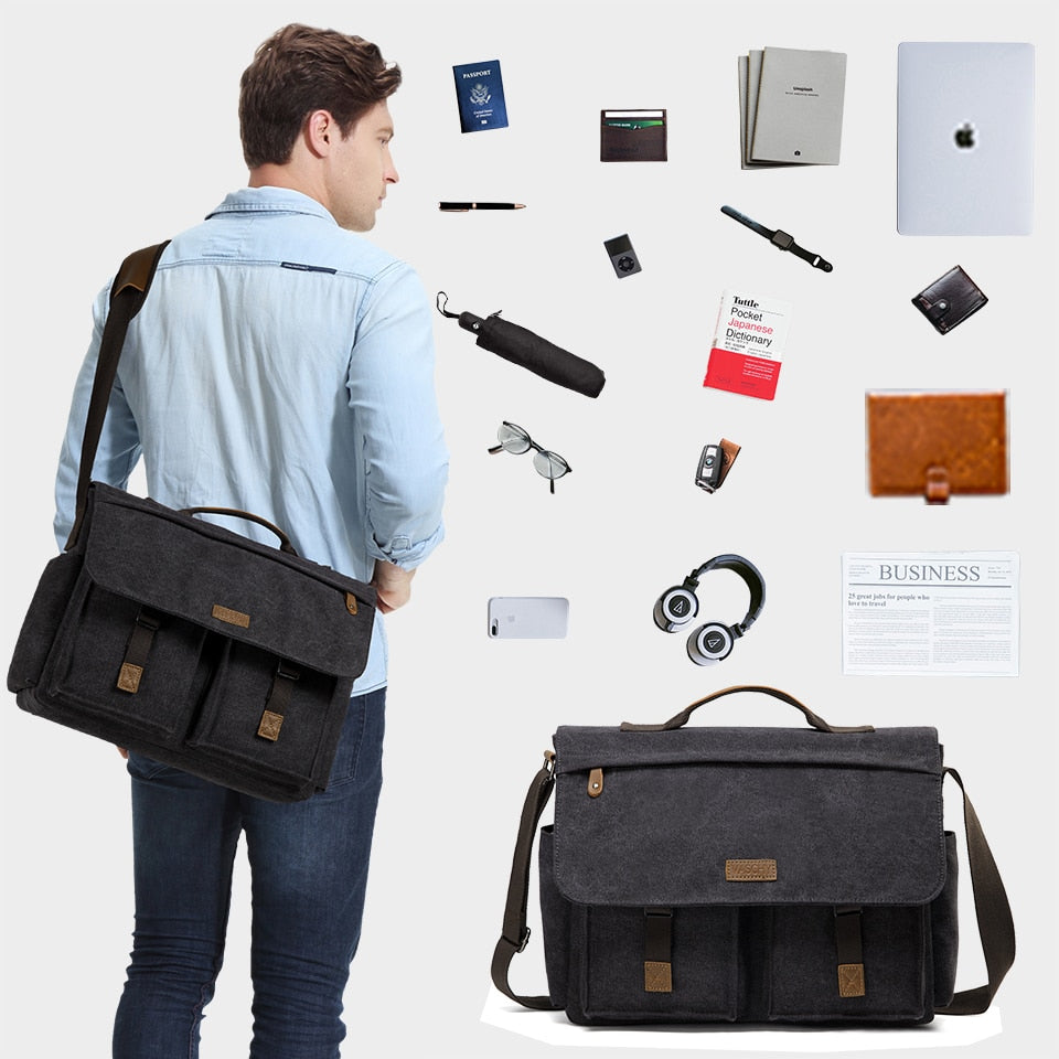Unisex Water Resistant Waxed Canvas 15.6 inch Laptop Briefcase Padded Shoulder Bag