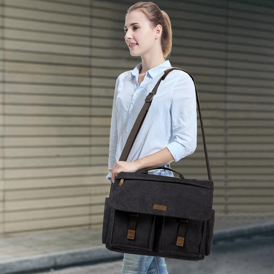 Unisex Water Resistant Waxed Canvas 15.6 inch Laptop Briefcase Padded Shoulder Bag