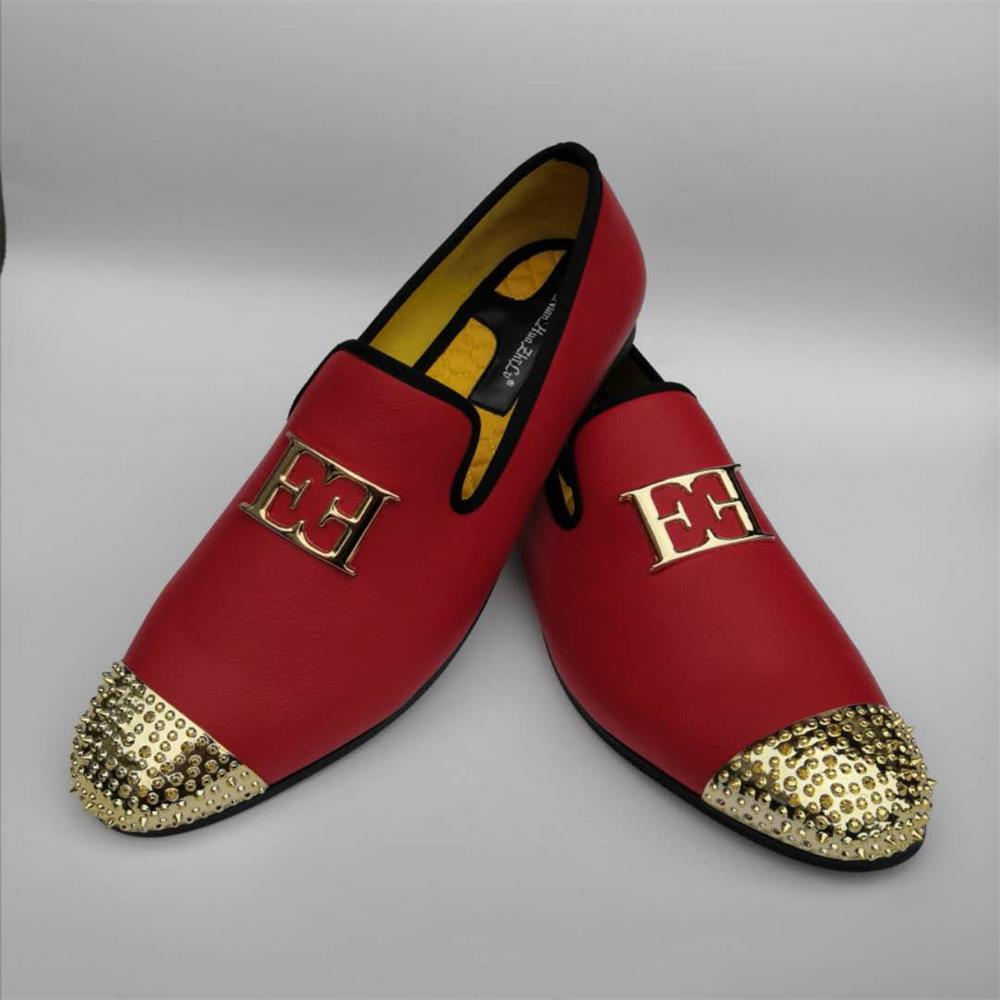 Men Leather Big Size Fashion men Casual Shoes Design Bright Face Buckle and Gold Metal Toe Men Driving Shoes Part Flats
