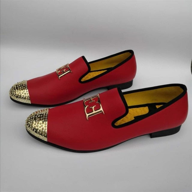 Men Leather Big Size Fashion men Casual Shoes Design Bright Face Buckle and Gold Metal Toe Men Driving Shoes Part Flats
