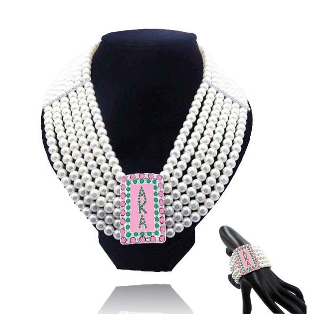 Fashion Pearls Zeta Phi Beta Big Multilayer Statement Choker Necklace Bracelet Jewelry set