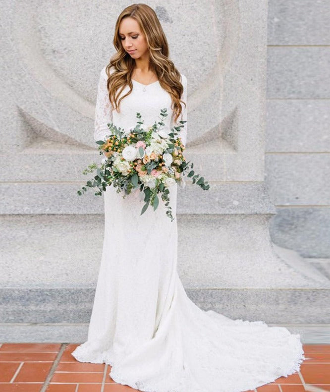Three Quarter Sleeves Boho Wedding Dress Mermaid Vintage Lace Bridal Gowns V Neck