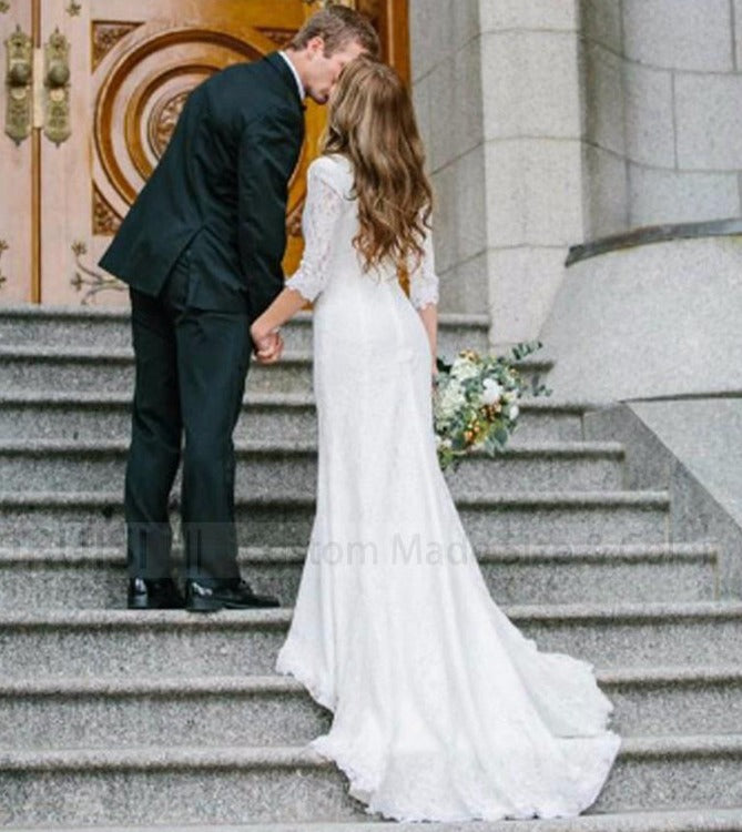 Three Quarter Sleeves Boho Wedding Dress Mermaid Vintage Lace Bridal Gowns V Neck