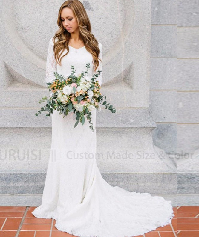 Three Quarter Sleeves Boho Wedding Dress Mermaid Vintage Lace Bridal Gowns V Neck